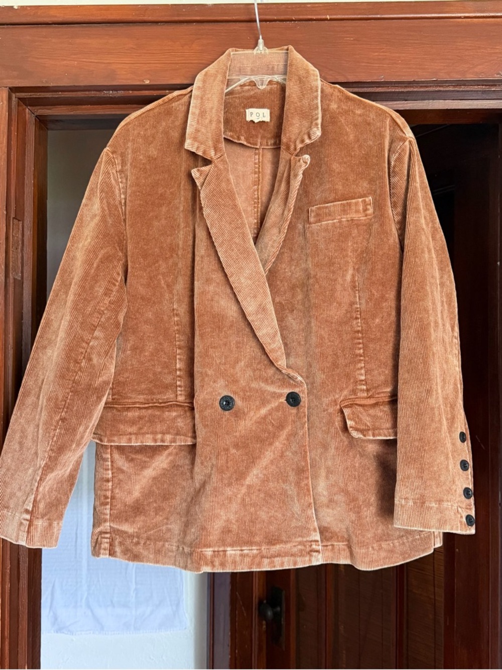 POL Womens Brown Oversized Corduroy Double-Breasted Blazer Small - Academia